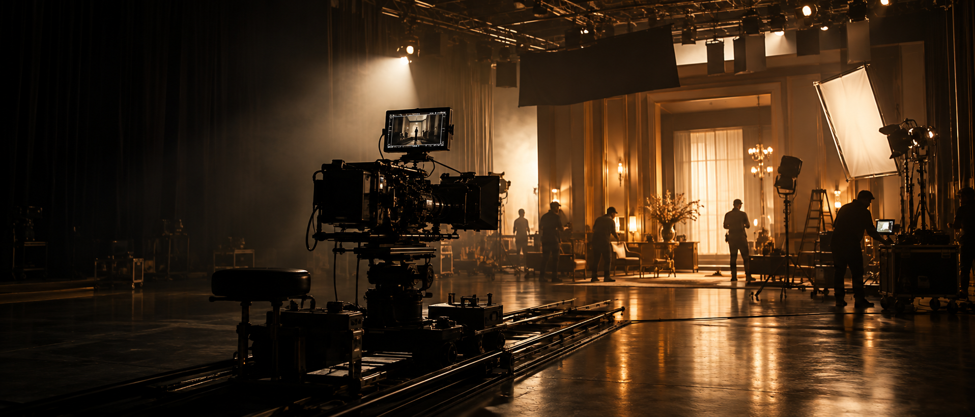 Cinema camera and crew working on a dramatic film set